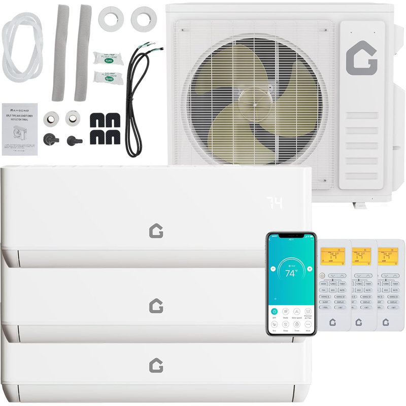 24 SEER2 Système de chauffage / climatisation à 3 zones 27K BTU, 12000 12000 12000 BTU Climatiseur à 3 zones, Wi-Fi sans conduit 208-230V jusqu'à 2250 Sq. Ft