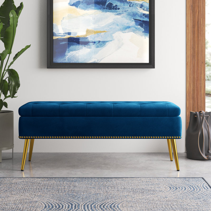 Banc de rangement rembourré en velours Kajana, Velours marine