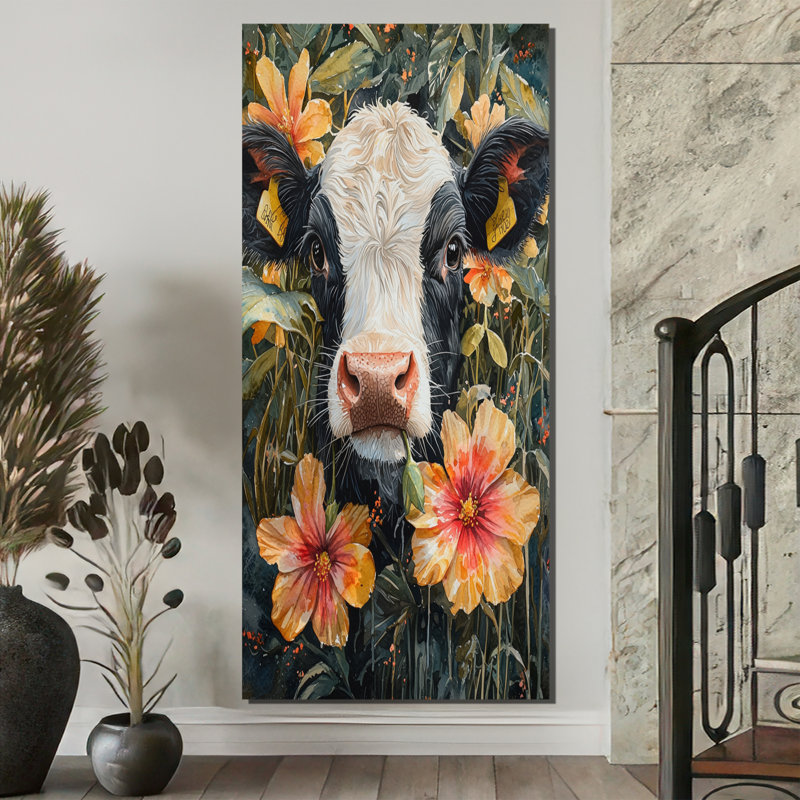 Peinture sur toile de vache Kenniya - Hibiscus, H 60 po x l 28 po, Toile tendue, Ne s’applique pas