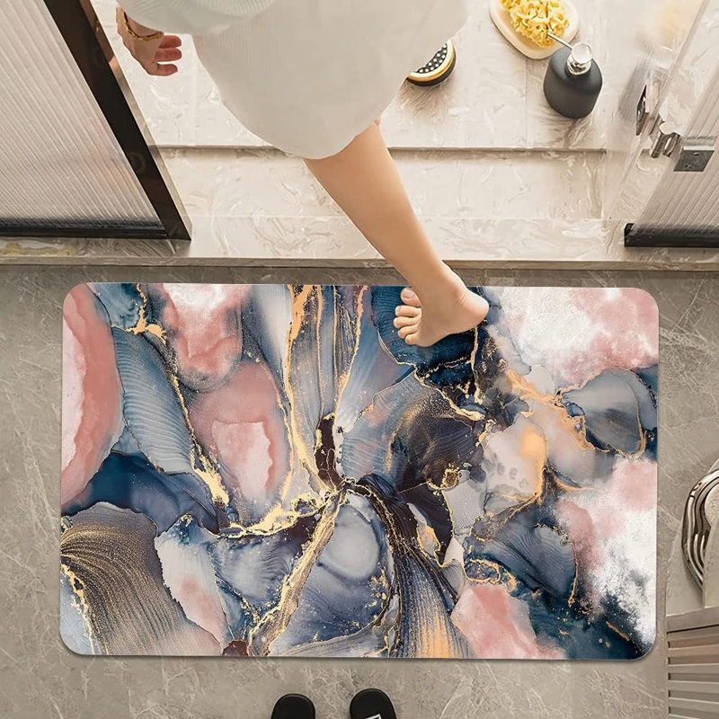 Bath Mat Rug,Pink Blue and Gold marbleNon Slip Quick Dry Super Absorbent Thin Bathroom Rugs Fit Under Door-Easy to Clean Bathroom Floor Mats-Shower Rug for Shower Sink Bathtub(16" x 24"in)