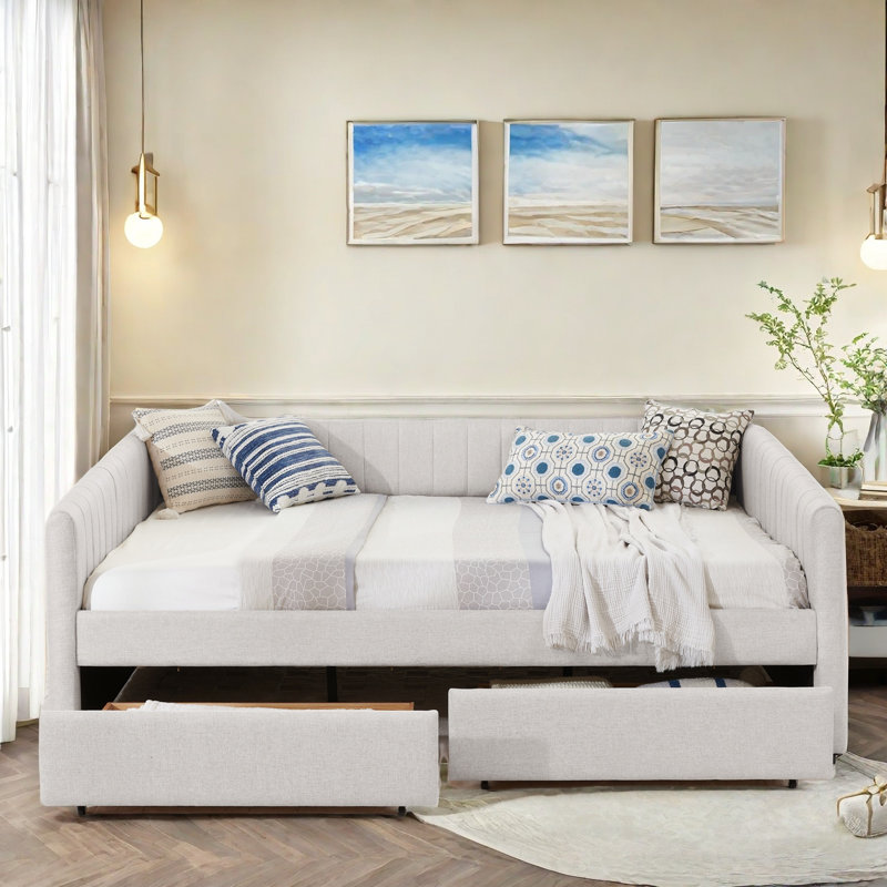 Upholstered Daybed with Two Drawers Rainbolt, Beige