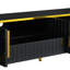 Élégante meuble télé 85 po, tablette ouverte, armoires, tiroir, support pour téléviseur noir et doré, agencement de couleurs dorées, nombreuses options de rangement, construction
