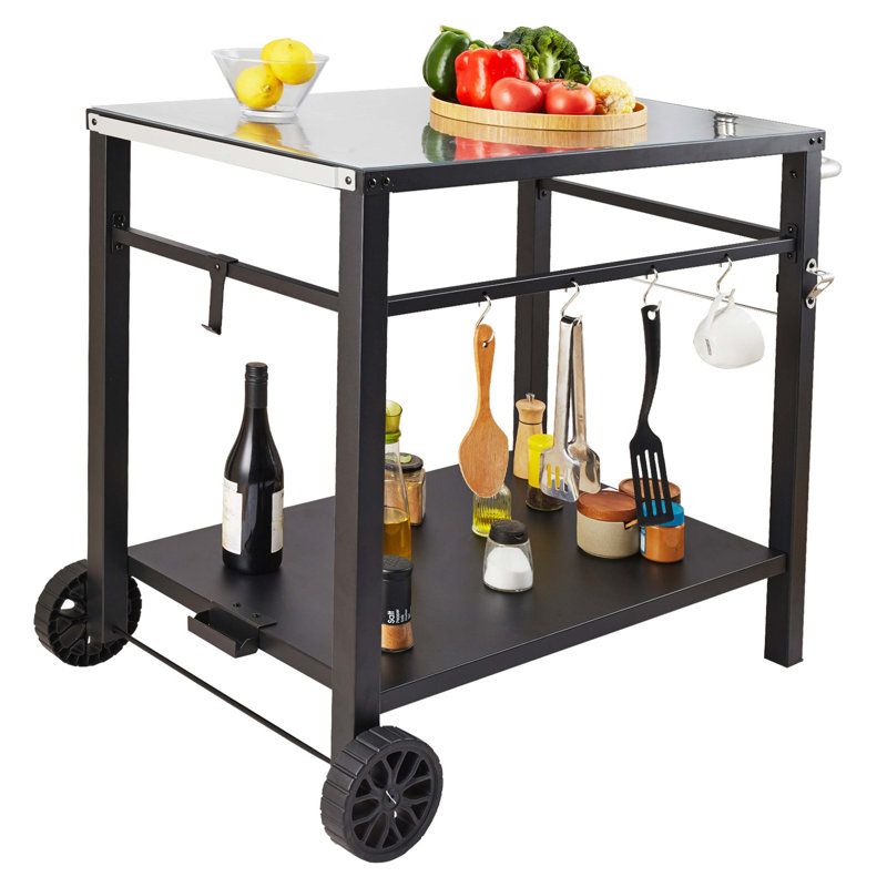 Outdoor Grill Dining Cart With Double-Shelf, BBQ Movable Food Prep Table, Multifunctional Iron Table Top, Portable Modular Carts For Pizza Oven, Worktable With 2 Wheels, Carry Handle, Black