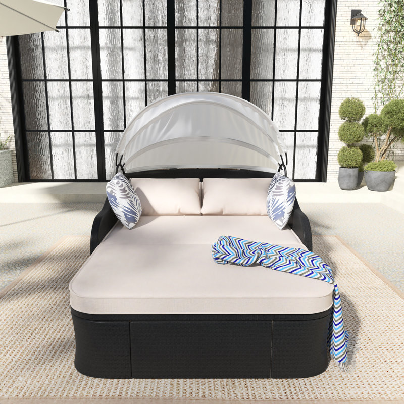 Lit de bronzage d'extérieur 79,9 "avec auvent réglable, lit de jour avec coussins, Beige, Noir, noir, noir, noir