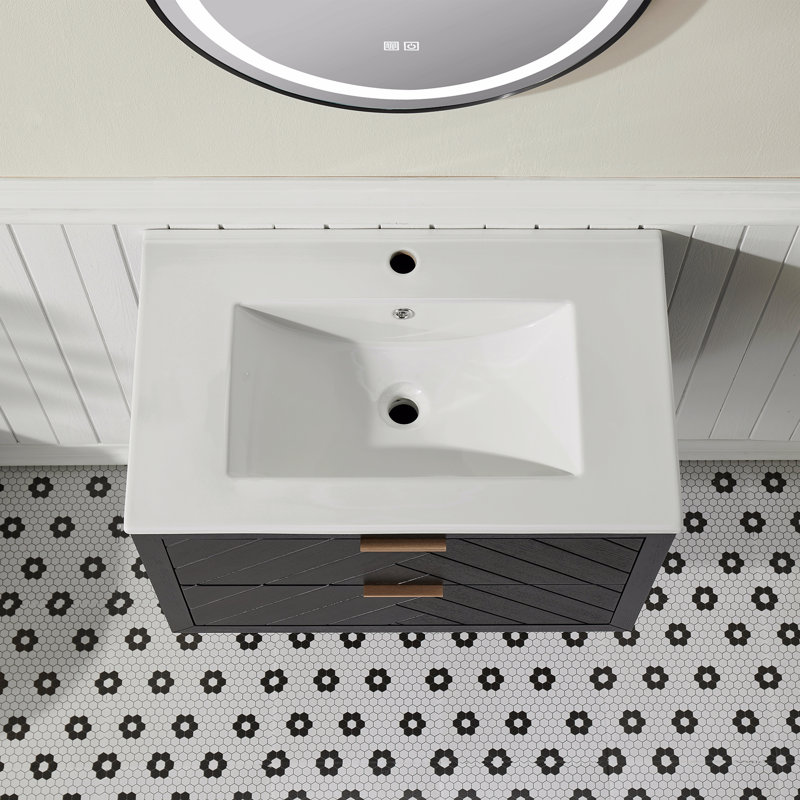 Meuble-lavabo mural simple et flottant 30 po avec lavabo en céramique, Noir