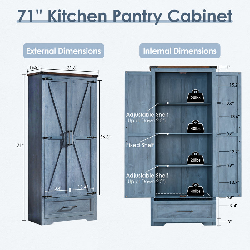 Armoire de cuisine de 183 cm (72 po) avec double porte de grange, rangement de cuisine de style campagnard avec étagères et tiroir réglables
