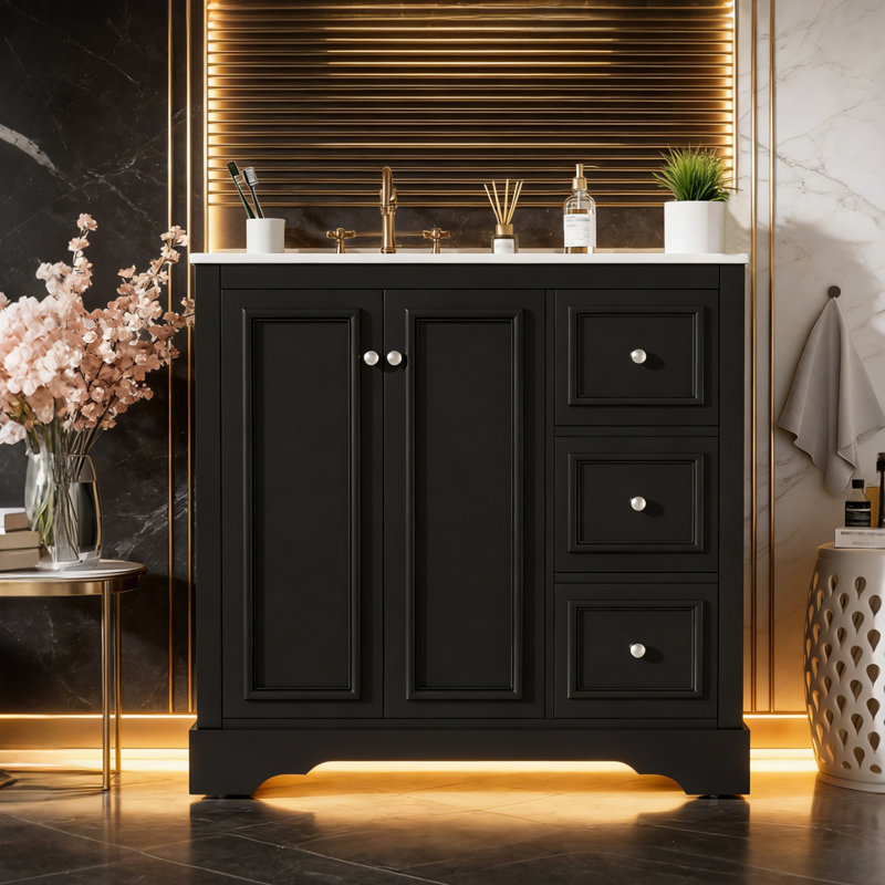 Meuble-lavabo transitionnel 36 po - lavabo en céramique, 2 portes à fermeture douce, tablette en U réglable, 3 tiroirs (1 cloison)