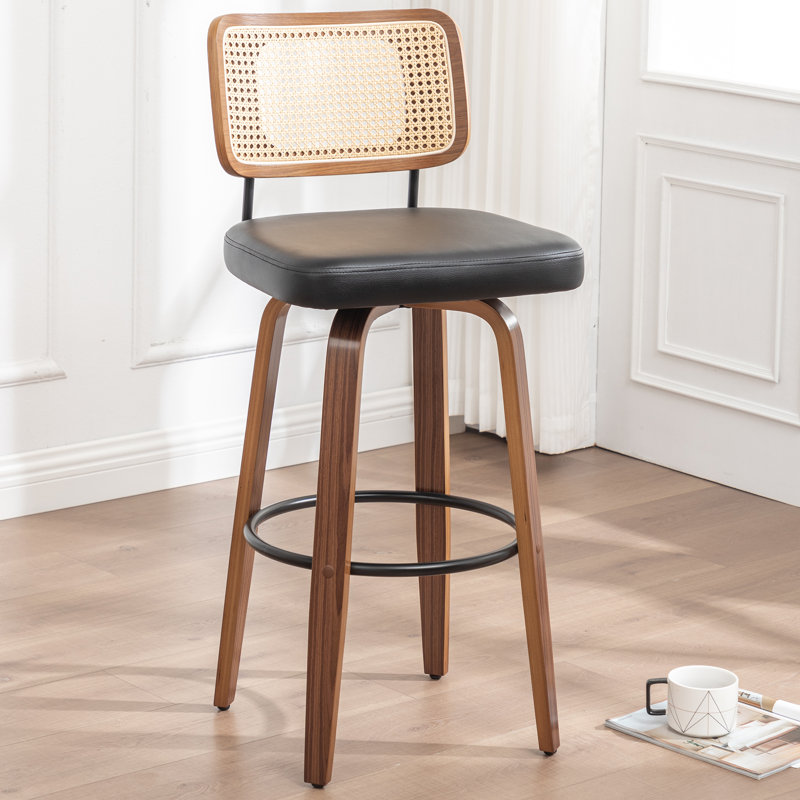 Cane Back Swivel Counter Stool with Faux Leather Seat, Counter Stool (26.37'' Seat Height), Black