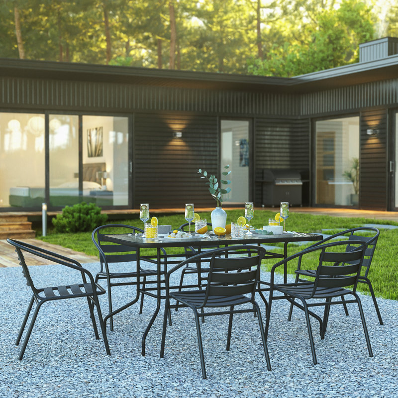 Black Metal and Glass 6-Person Outdoor Dining Set