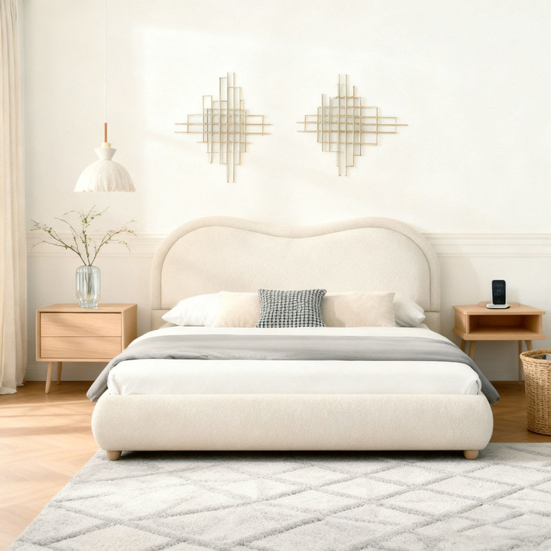 Lit plateforme tapissier grand avec tête de lit arrondie et lattes en bois, Grand
