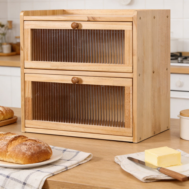 Boîte à pain en bois double couche avec fenêtre en acrylique, contenant de grande capacité pour le comptoir de cuisine pour le pain, les fruits et les articles de garde-manger