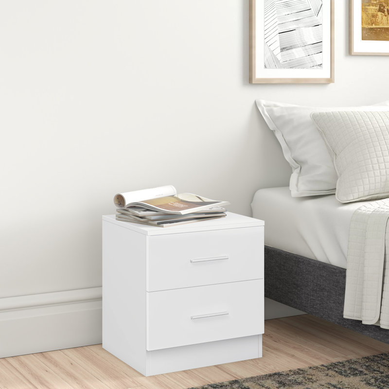 Eva High Gloss 2 Drawer Bedside Table - H: 48.5cm x D: 39.5cm x W: 45cm, Matte White/Gloss White