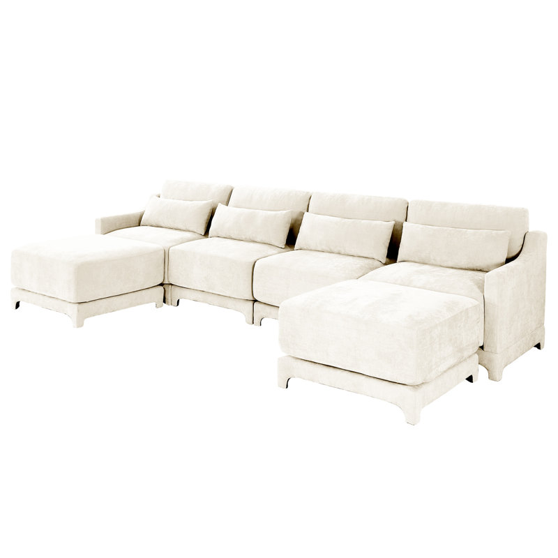 Beige rembourré à quatre places en chenille, équipé d'un coussin lombaire amovible, d'un dossier ergonomique et d'une structure en bois de qualité assortie durable en chenille, sièges et coussins