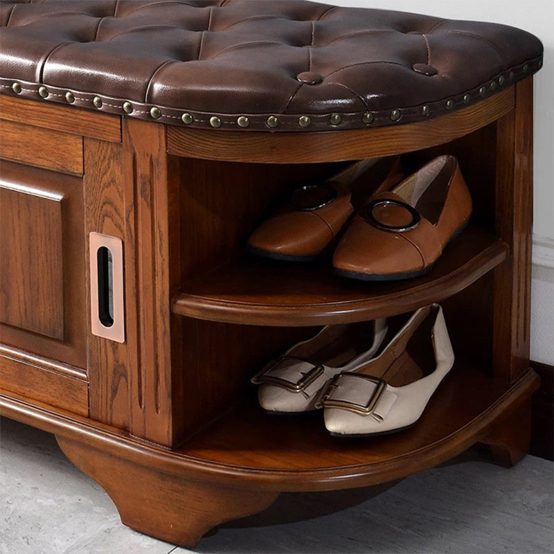 Banc rembourré en cuir véritable brun noisette