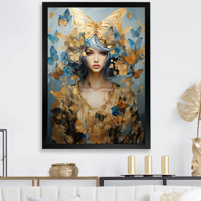 «Butterfly Blue and Gold Glam Woman I», art mural femme glamour