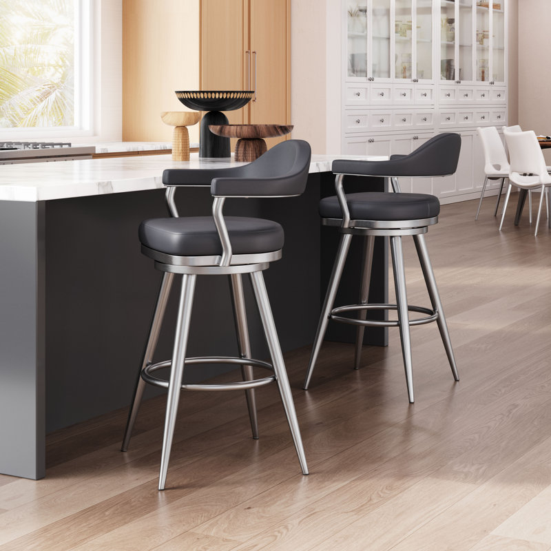 Black Leather and Metal Swivel Counter Stool