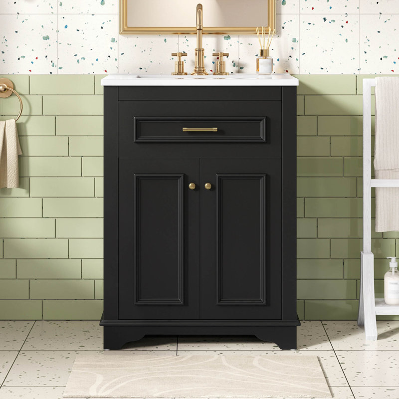 Meuble-lavabo 24 po avec lavabo en céramique intégré, armoire de salle de bain avec 2 portes, 1 tiroir basculant et meuble-lavabo simple pour petite et moyenne salle de bain