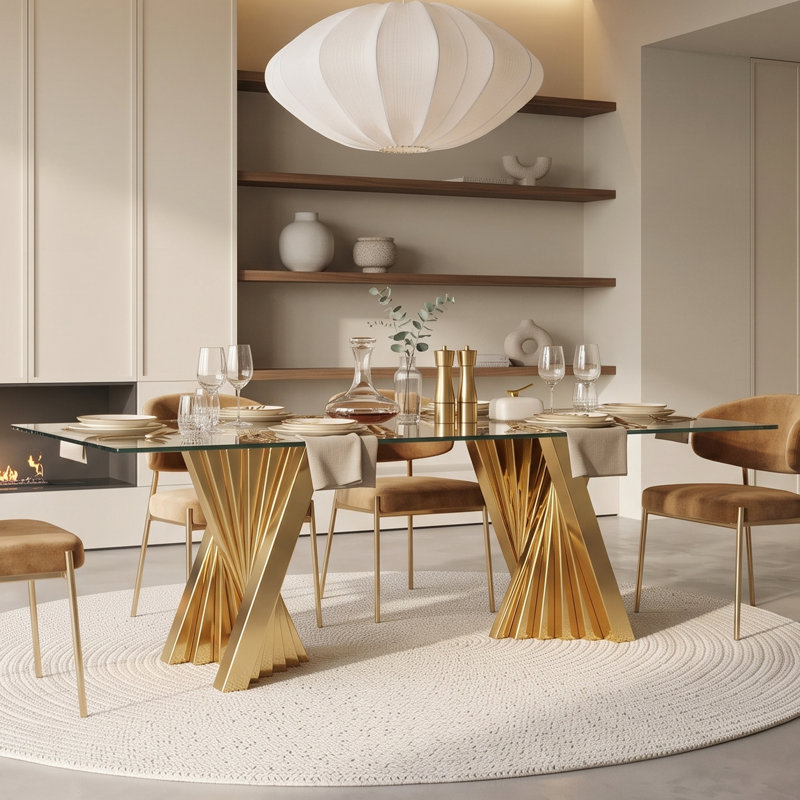 Table de salle à manger 78,74 po rectangulaire en verre trempé avec base en acier inoxydable doré, luxe moderne