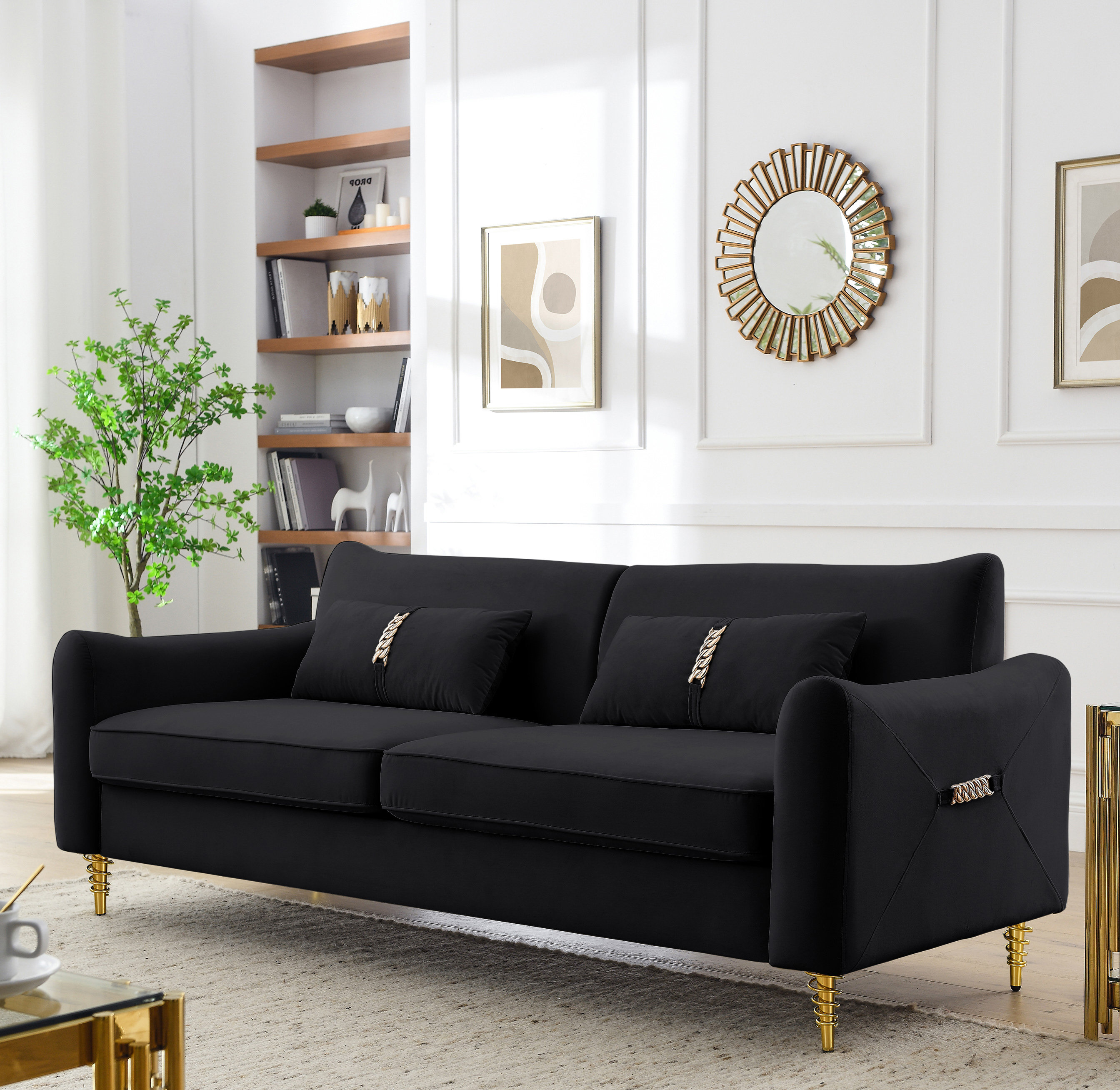 Living Room Furniture 2pc Sofa Set Black Polyfiber Tufted Sofa Loveseat with Pillows Cushion Couch Solid Pine Latitude Run