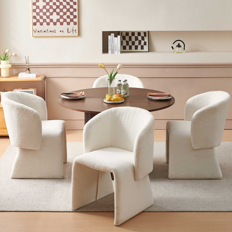 5-Piece Dining Table Set, Wood Top, Faux Fur Armchairs, Walnut, Walnut, White
