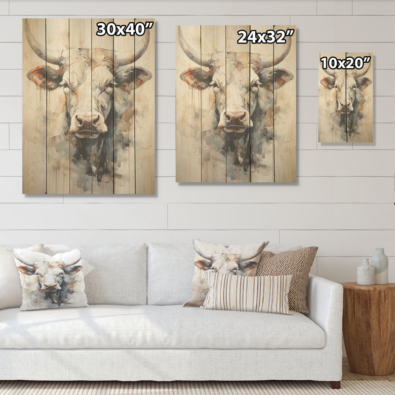 Beau portrait de bovin beige I - art mural en bois de bovin sur bois de pin naturel, H 32 po x l 24 po