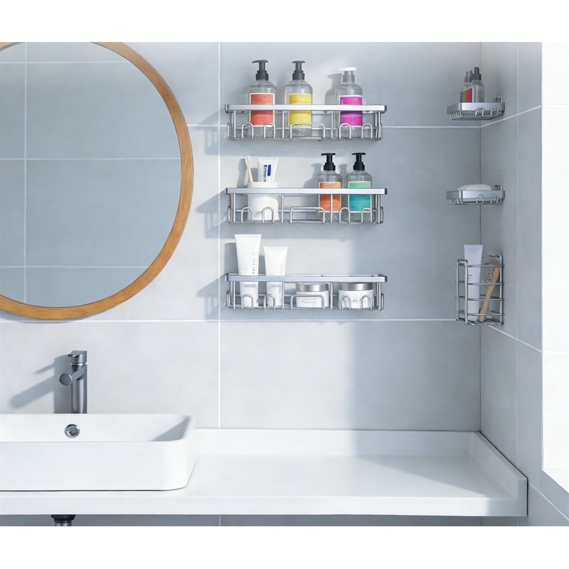 Large Wall Mounted Shower Caddy 6-Pack With Soap Dish & Toothbrush Holder, Over Toilet Shelf, Silver, 3