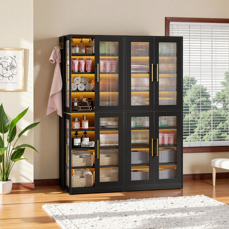 Bibliothèque lumineuse à DEL avec portes en acrylique - 8 tablettes réglables, Noir