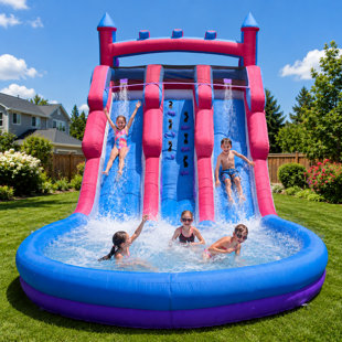 20ft Inflatable Kids Water Slide With Dual Lanes, Climbing Wall & Splash Pool – Backyard Fun For Kids, Fits Up To 6 Children (purple & Pink)