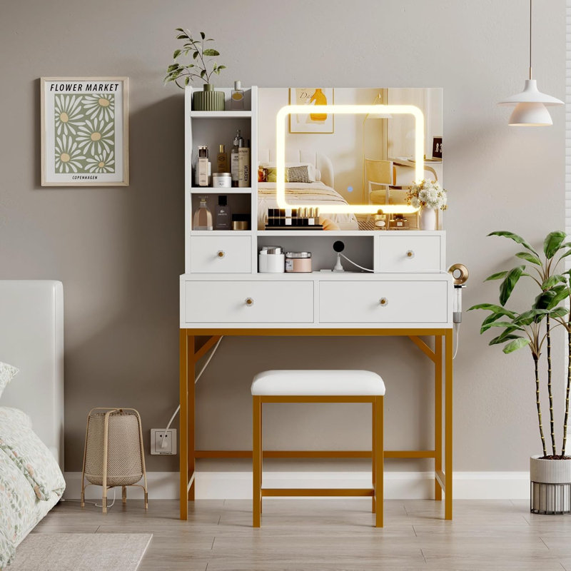 Bureau de maquillage avec miroir DEL et lumières, 3 modes de couleur, 4 tiroirs et 6 tablettes, station de charge intégrée avec ports USB, coiffeuse avec tabouret pour la chambre à coucher
