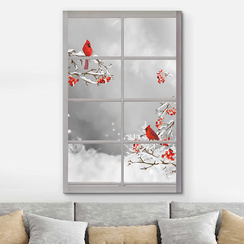 IDÉE4WALL, reproduction d'art sur toile, fenêtre, vue d'hiver, neige, cardinal, oiseau, arbre, paysage, nature sauvage, illustrations, art moderne, rustique, décoratif, coloré, décor pour le salon, la chambre à coucher, le bureau