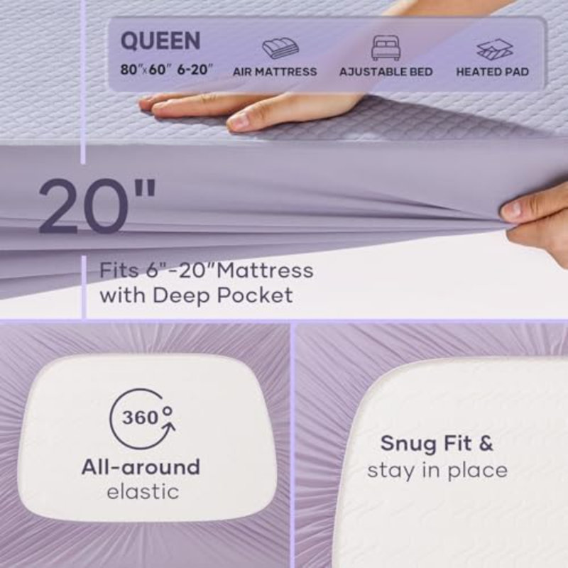 100% Waterproof Mattress Protector,Queen Size Mattress Soft Pad,Hair & Bedwetting Resistant,Cooling Breathable Fitted Sheets,Washable Bed Cover,Non-Slip Deep Pocket,Noiseless For Bedroom,Purple