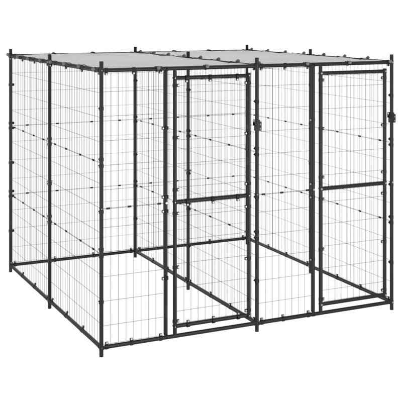 Large Black Steel Outdoor Dog Kennel with Roof