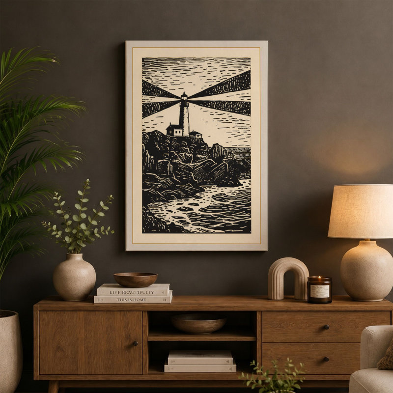 Lighthouse Beacon Coastal - Wrapped Canvas, Cream Border, 24x16 - 61.0 x 40.6 cm
