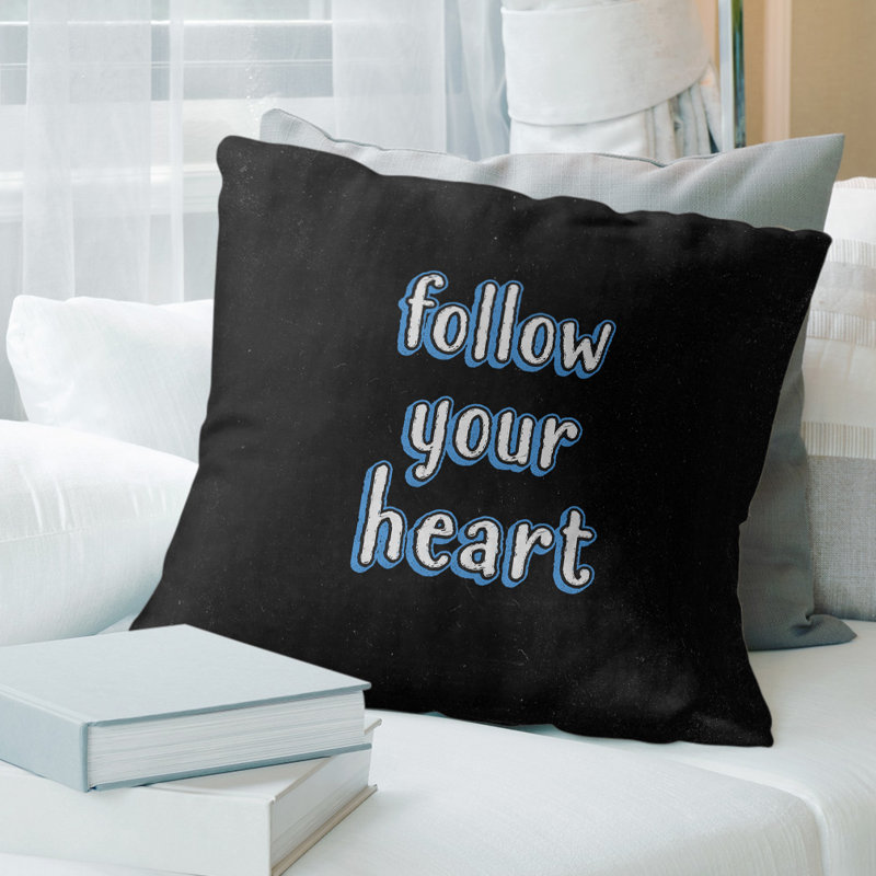 Housse pour oreiller de style tableau noir «Follow Your Heart», 14 po x 14 po, Noir / Bleu