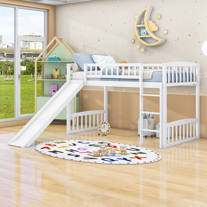 Twin Size Wood Loft Bed With Slide And Guardrails, White