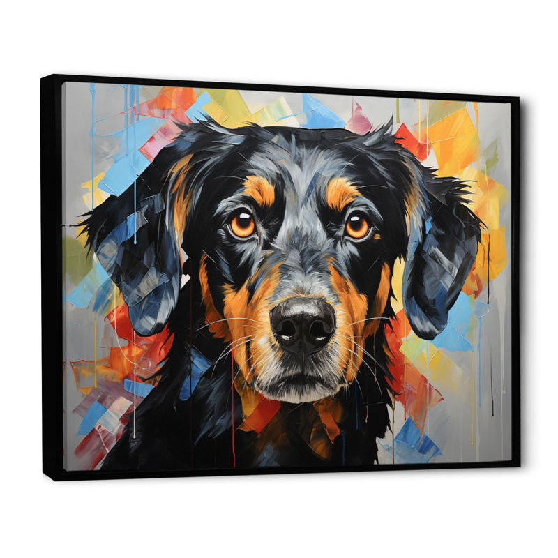 Chien, chien, compagnon, collage - imprimé, 34" H x 44" W, Cadre flottant noir