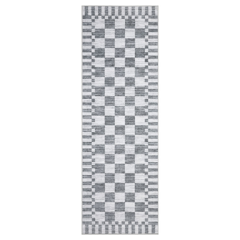 Geometric Check Machine Washable Rug with Non-Slip Backing for Living Room Easy to Clean Non-Shedding Soft Low Pile Floor Mats