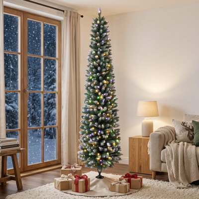 Sapin de Noël fin de 2,13 m (7 pi) avec lumières DEL bicolores, floqué, télécommande et 11 modes d'éclairage (vert et blanc).