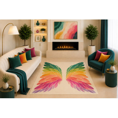 "Ultra Light Weight" 5' x 7' Rainbow Angel Wings Area Rug Colorful Feather Art for Living Room Bedroom Girls Room Kids Room Nursery Non-Slip Silicone Backing Low Pile