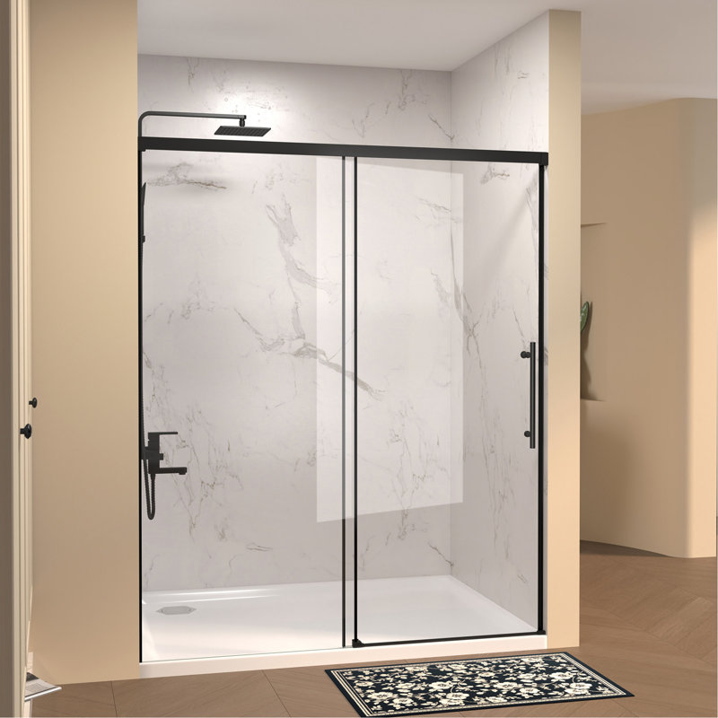 Porte de douche coulissante simple l 60 po x H 72 po, verre fixe de 5 mm et verre coulissant de 6 mm sans cadre, verre trempé transparent, poignée en acier inoxydable, noir mat