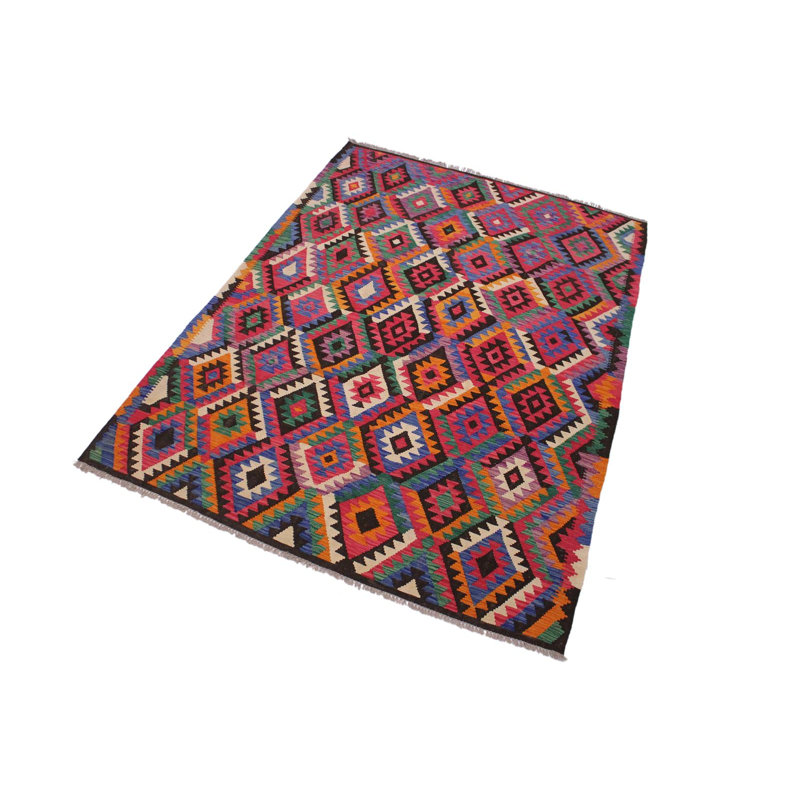 Tapis géométrique rouge / ivoire / violet en laine fabriqué à la main 6 pi 6 po x 9 pi 1 po Madee