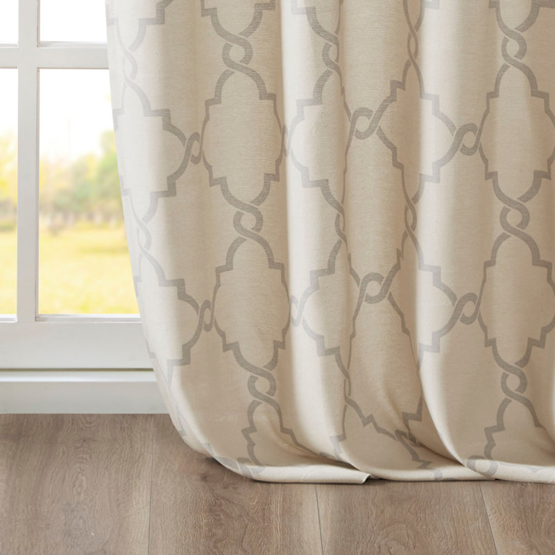 Fretwork Print Grommet Top Window Curtain Panel, Single Panel With Geometric Design And Soft Sunlight Filtering, Beige/Gray
