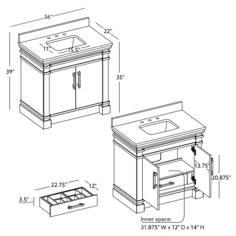 FLW Harmony 36 Wood Sink Vanity, White, 36
