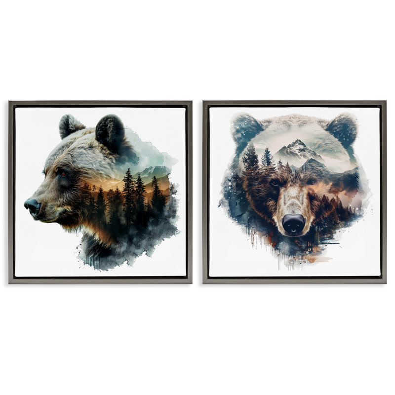 «Woodland Bear Forest Silhouettes», ensemble de 2 toiles flottantes encadrées par LSR Design Studio, H 25 po x l 25 po
