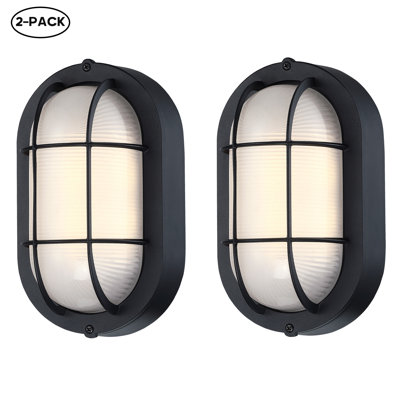 2 Pack Matte Black Industrial LED Outdoor  Wall Mount with Ellipse Frosted Glass Shade
