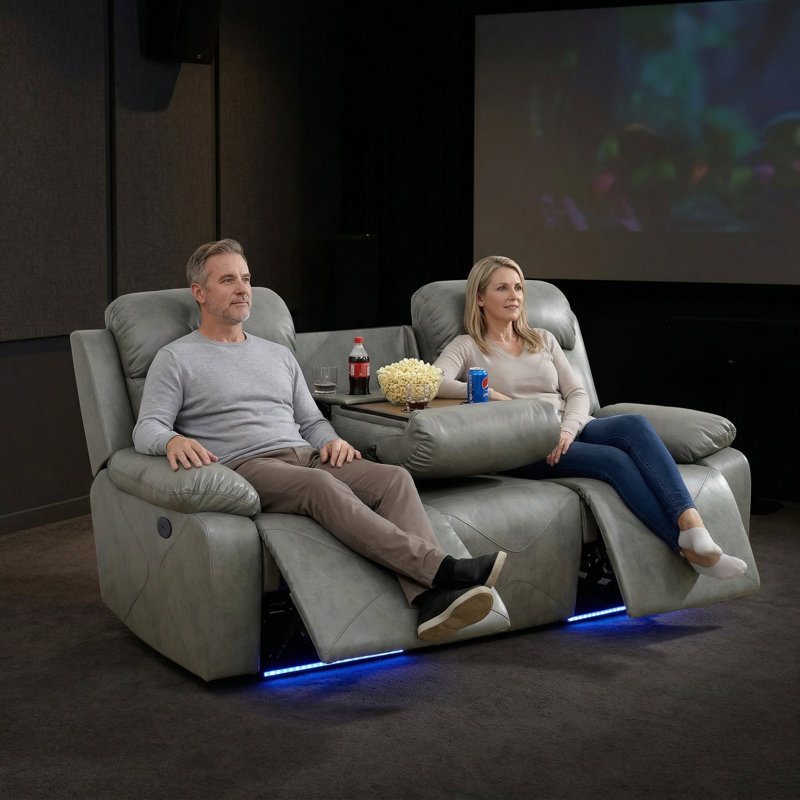 Canapé inclinable électrique en cuir gris respirant - 3 places avec table rabattable, porte-gobelets, charge USB et lumières DEL, conception ergonomique pour le soutien du dos