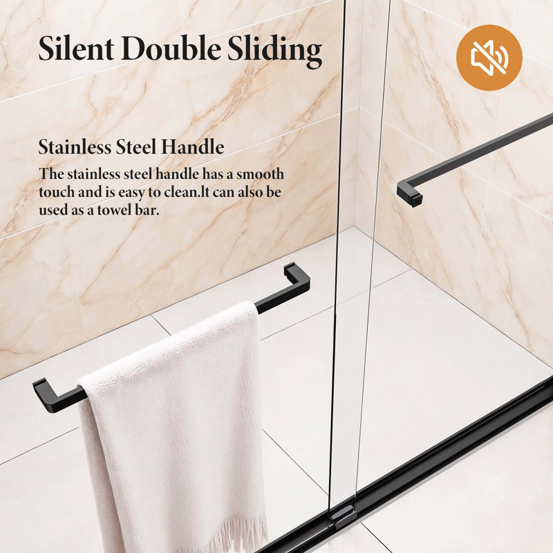 Porte de douche double coulissante semi-sans cadre noir mat, l 56 po à 60 po x H 70 po, verre trempé de 1/4 po (6 mm)