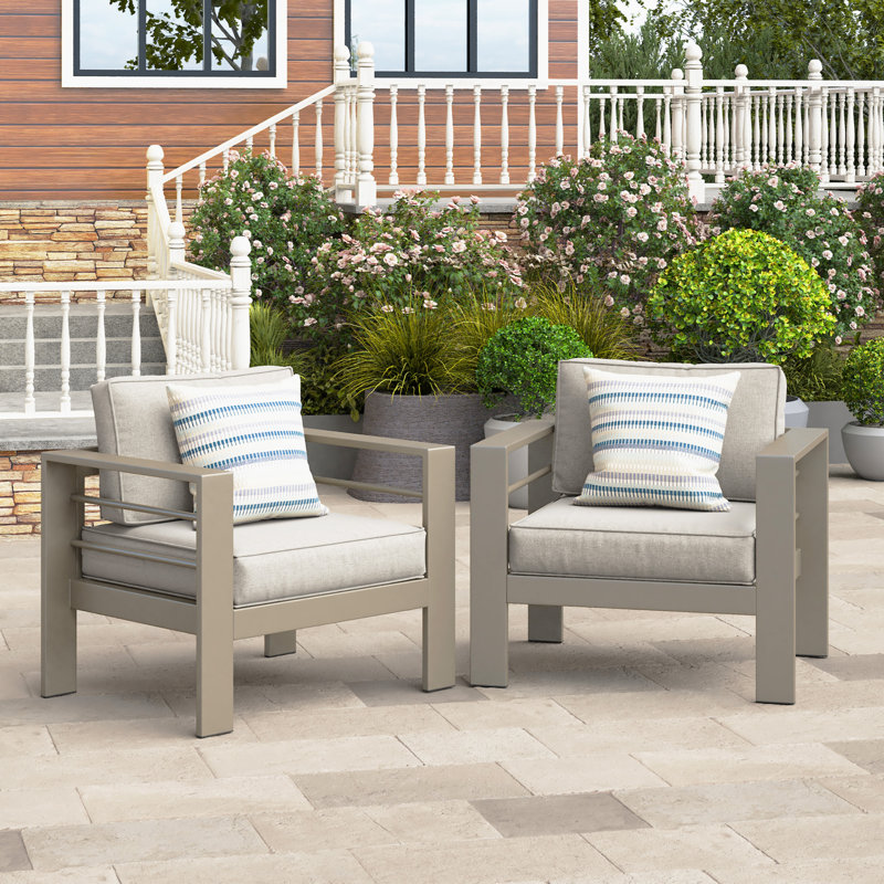 Patio Furniture Metal Armchair, Gray Cushion/Light Coffee Frame