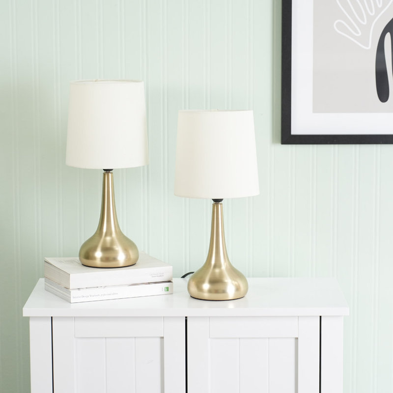 Riorita Pair of Chrome Touch Table Lamps with Fabric Shade and LED Bulbs, Cream, Brushed Gold, Yes