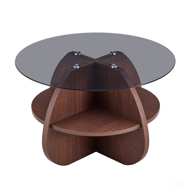 Table basse à structure croisée Creative avec plateau en verre trempé gris et rangement en forme d'éventail de couleur noyer. Parfait pour les salons, comme table basse ou table d'appoint. Idéal pour les petits espaces